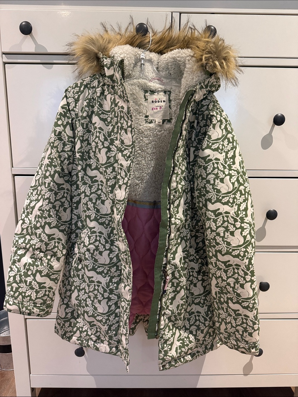 Boden Green & White Woodland-Print Puffer Squirrel Coat size 11-12y